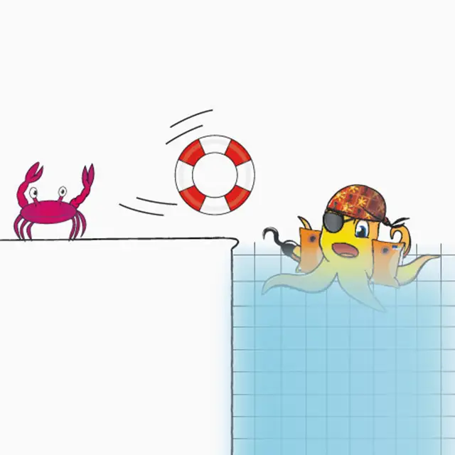 Eine gezeichnete Krabbe wirft einen Rettungsring zur Krake mit Priatentuch und Augenklappe im Wasser