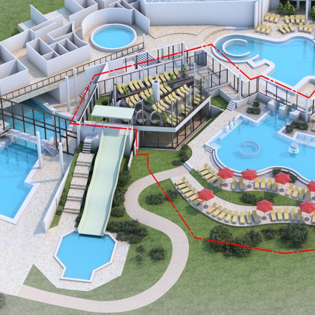 neu eröffnete Bereiche der Badewelt sind in einem Architektenplan markiert