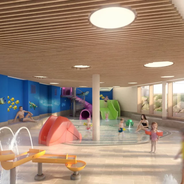 Modellbild der neuen Kinderwelt mit Rutschen und Plantschbecken und Wasserspielbereich