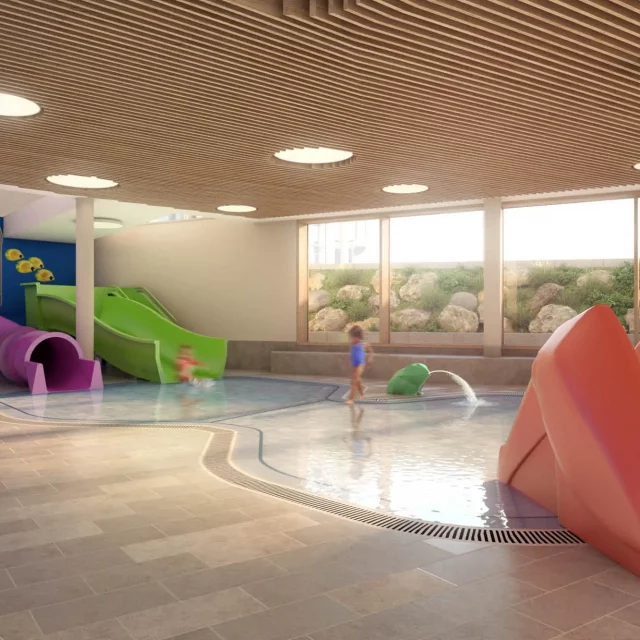 Modellbild der neuen Kinderwelt mit Rutschen und Plantschbecken und Wasserspielbereich