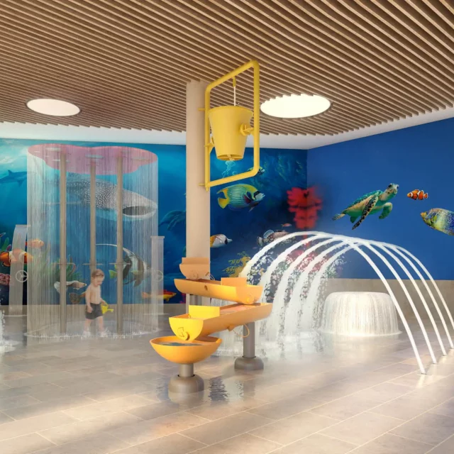 Modellbild der neuen Kinderwelt mit Rutschen und Plantschbecken und Wasserspielbereich