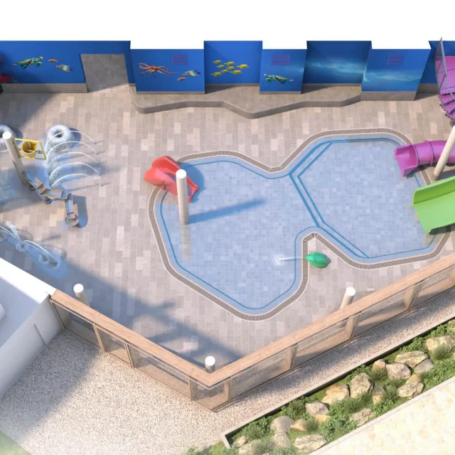 Modellbild der neuen Kinderwelt mit Rutschen und Plantschbecken und Wasserspielbereich