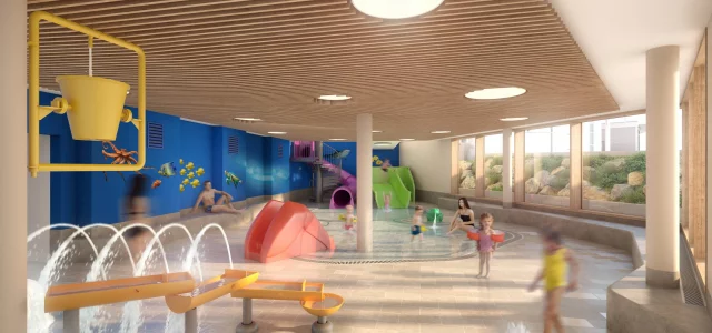 Modellbild der neuen Kinderwelt mit Rutschen und Plantschbecken und Wasserspielbereich