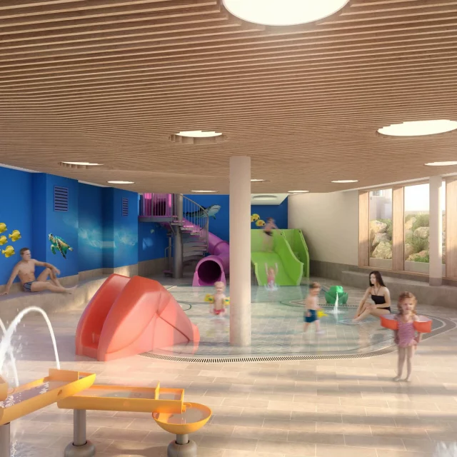 Modellbild der neuen Kinderwelt mit Rutschen und Plantschbecken und Wasserspielbereich