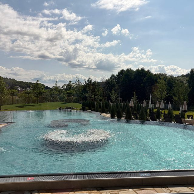 Ein großes Außenbecken mit diversen Sprudelquellen und Düsen, die für für sanfte Massageeffekte sorgen. Zum Sonnenbaden und Verweilen bei schönen Wetter, gliedert sich an das Becken eine Terrasse und eine gepflegte Liegewiese.