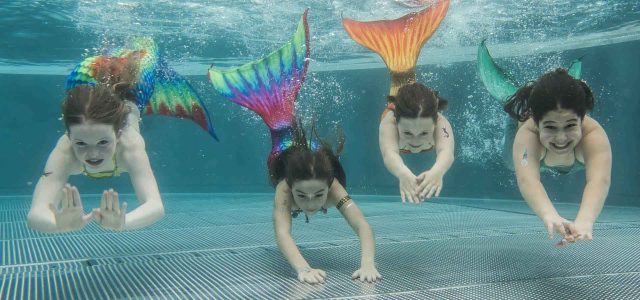 Vier lachende Mädchen, die mit bunten Meerjungfrauenflossen durch ein Schwimmbecken tauchen.